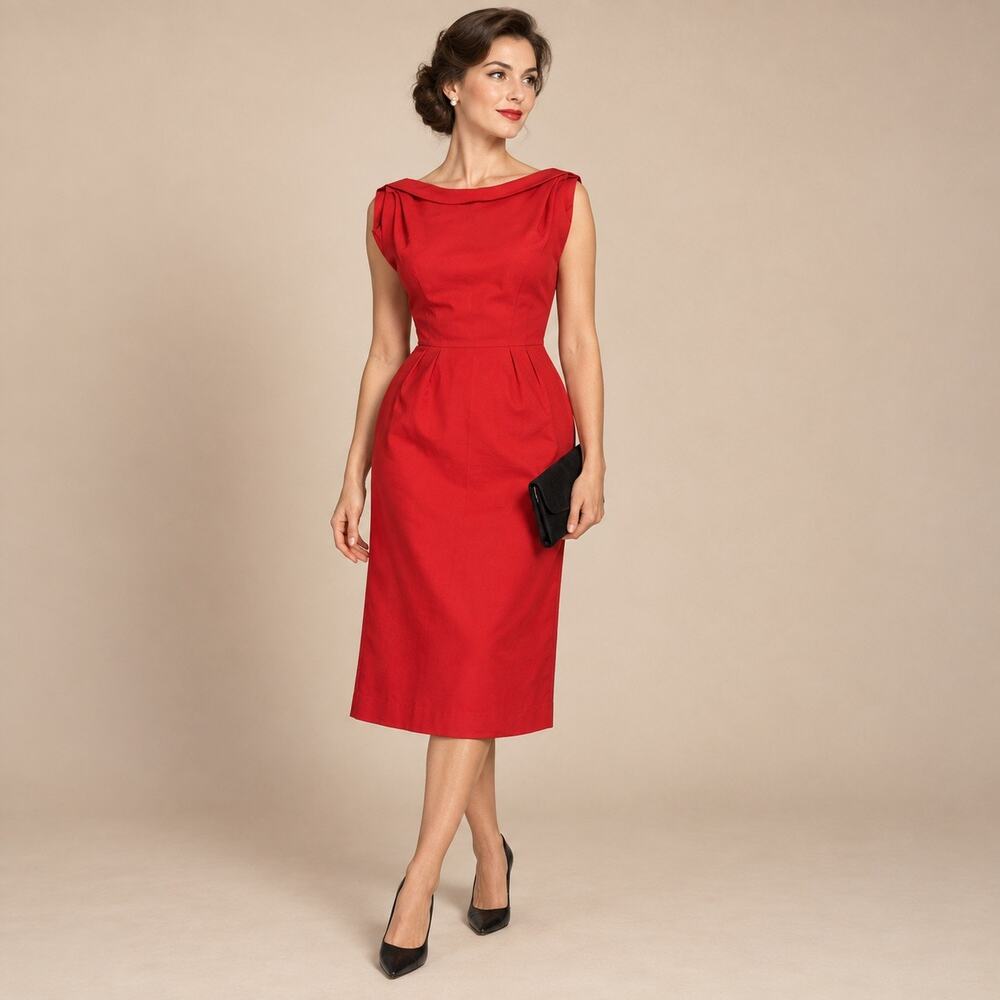 Vintage Kimie Red Wiggle Midi Dress Draped Boat Neck 1950s 1960s